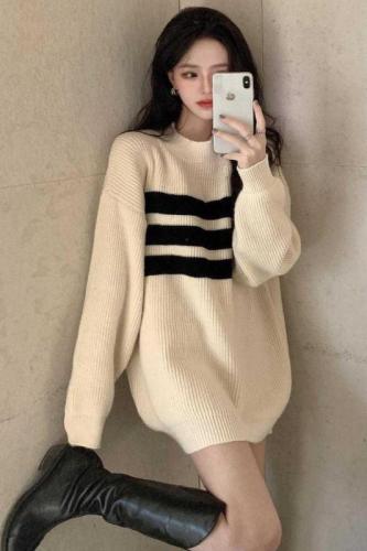 Striped contrasting color loose pullover sweater autumn and winter new women's Korean style fashion mid-length sweater top