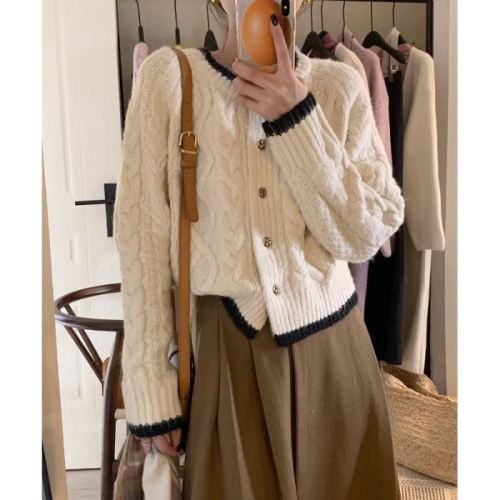 Pink twist knitted cardigan for women, soft and waxy, retro, gentle, gentle style, French sweater jacket, short top, autumn and winter