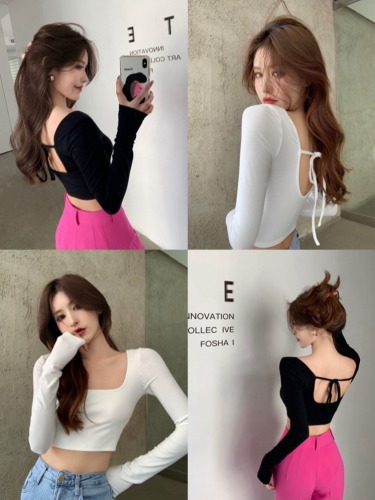 Fashionable and super hot Korean style hot girl square neck long-sleeved T-shirt for women autumn new strappy short backless slim bottoming shirt