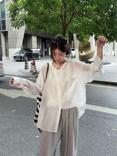 Actual shot ~ Lazy striped cotton and linen wide-leg trousers for women + loose temperament sun protection shirt + elastic threaded vest