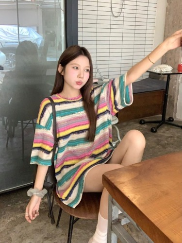 Real shot 2024~Retro summer Persian mixed color striped knitted short-sleeved T-shirt, loose mid-length