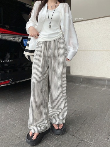 Actual shot ~ Lazy striped cotton and linen wide-leg trousers for women + loose temperament sun protection shirt + elastic threaded vest