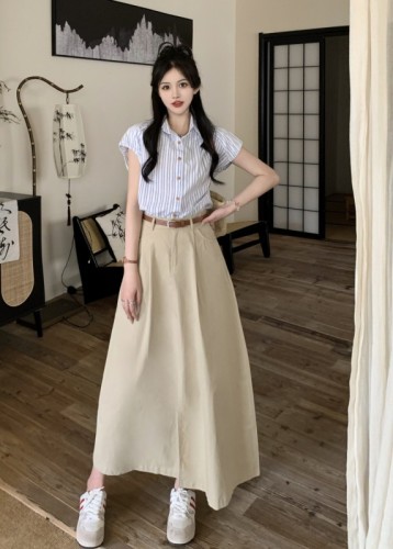 Korean style commuting Polo collar striped small flying sleeves shirt + high waist slit slimming skirt