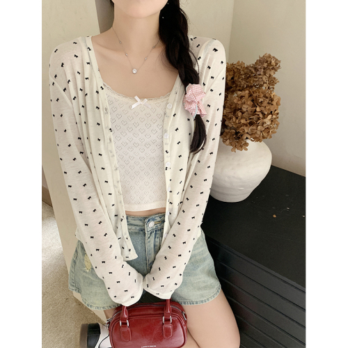 Actual shot of Korean style bow printed long-sleeved sun protection cardigan for women summer new style lazy style outer blouse