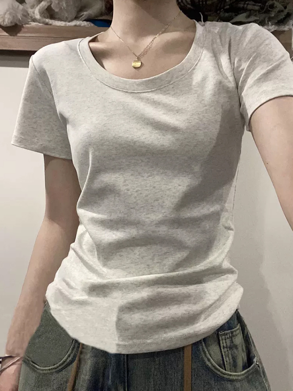 American retro short-sleeved right shoulder T-shirt for women in summer slimming hot girl short tight top with niche design