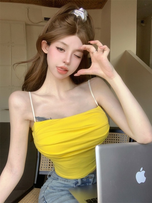 Summer dopamine new style tube top suspender with short top pleated vest women's bottoming shirt