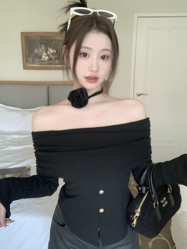 Actual shot of one-shoulder lace-up floral slim-fitting bottoming shirt for autumn, new slimming slit knitted t-shirt