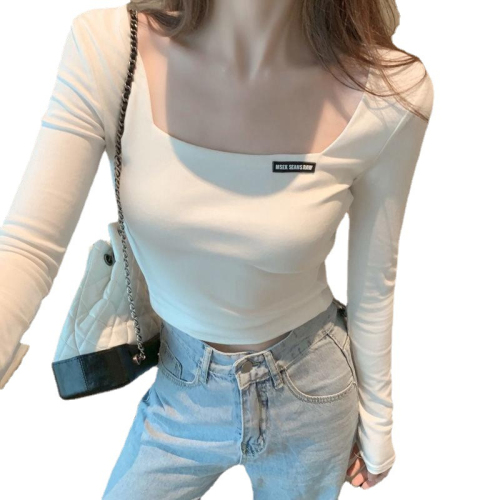 Fashionable and super hot Korean style square collar embroidered long-sleeved T-shirt for women in autumn slim-fitting short navel-baring bottoming shirt slim-fitting top