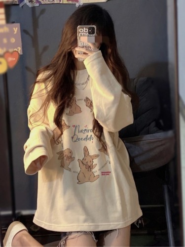 Pure cotton long-sleeved T-shirt for women 2024 new autumn and winter solid color loose bottoming shirt printed round neck top