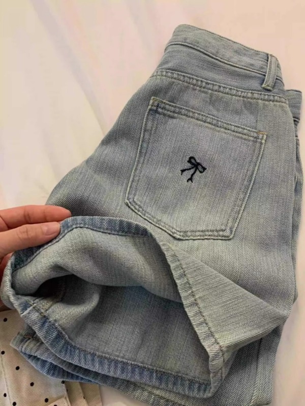 Light blue bow embroidered denim shorts for women summer new high-waisted straight loose wide-leg casual pants