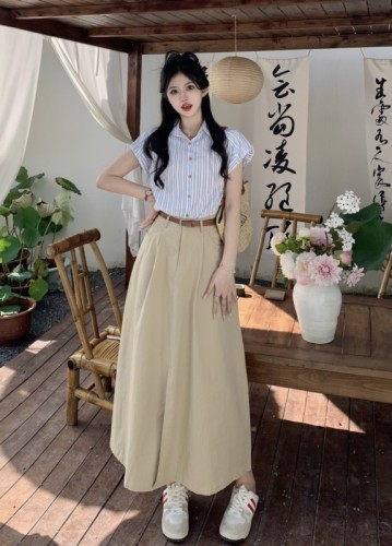 Korean style commuting Polo collar striped small flying sleeves shirt + high waist slit slimming skirt