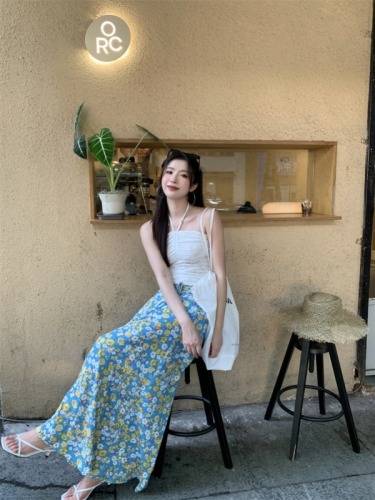 Halter neck three-dimensional flower pattern suspender hot girl drawstring tube top vacation style extra long floral umbrella skirt