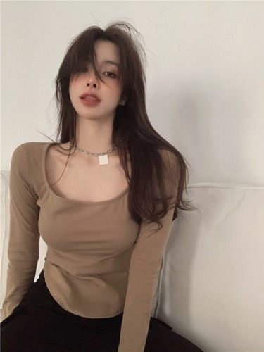 Fashion super hot Korean new autumn U-neck solid color sexy low-neck irregular slim long-sleeved T-shirt for women