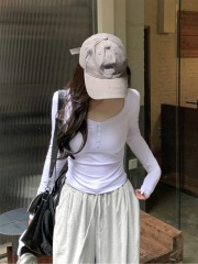 Actual shot of early autumn Korean style slim-fit pure lust button pleated design slimming pure cotton long-sleeved T-shirt top