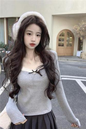 Real shot~Early autumn gray lace splicing bottoming sweater autumn and winter design niche bottoming top