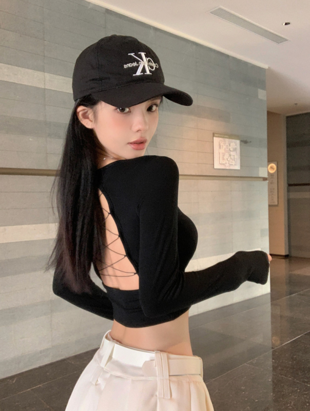 Early autumn new backless T-shirt women's long-sleeved sweet girl strappy sexy belted chest pad short top