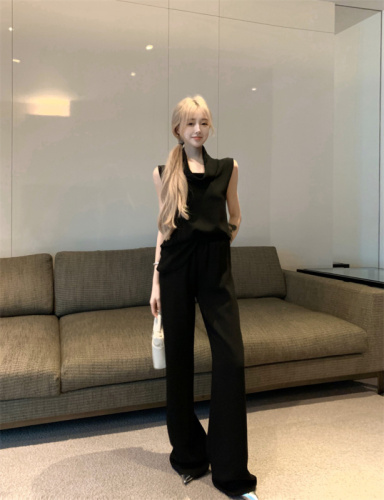 Cool style drape collar sleeveless loose lazy slim top + high waist wide leg trousers suit