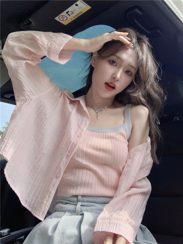 New Korean style loose thin sun protection clothing with shirt and knitted vest two-piece set