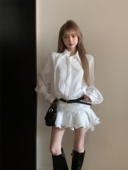 Real shot romantic V-neck slimming loose ruffled shirt dress for women 