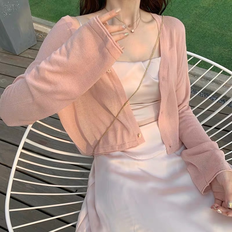 Top ice silk sun protection shirt Internet celebrity new loose and versatile V-neck short knitted cardigan thin jacket women's shawl
