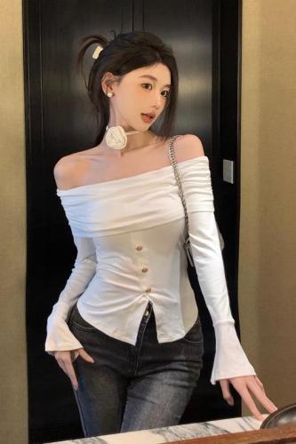 Actual shot of one-shoulder lace-up floral slim-fitting bottoming shirt for autumn, new slimming slit knitted t-shirt