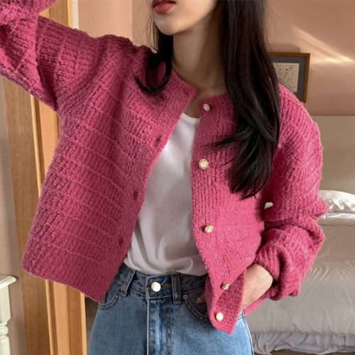 Korean chic autumn and winter retro small fragrance round neck textured knitted design loose long-sleeved short knitted sweater