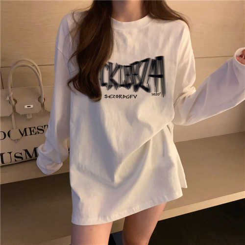 Pure cotton long-sleeved T-shirt for women 2024 new autumn and winter solid color loose bottoming shirt printed round neck top