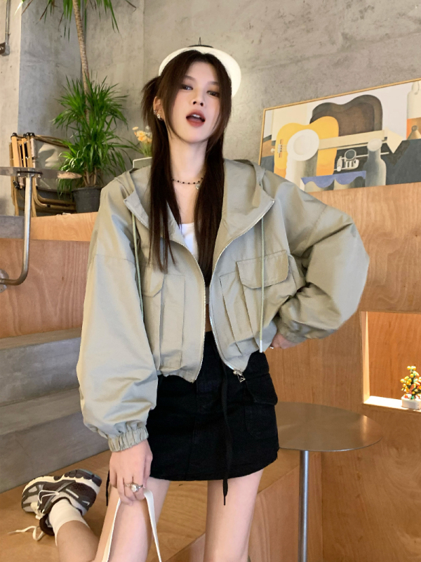 Korean style loose design hooded work jacket women's jacket casual top jacket short style