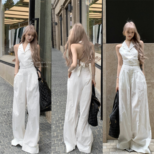 Retro elegant cotton and linen halterneck V-neck backless strappy vest + old money style cotton and linen high-waisted wide-leg pants