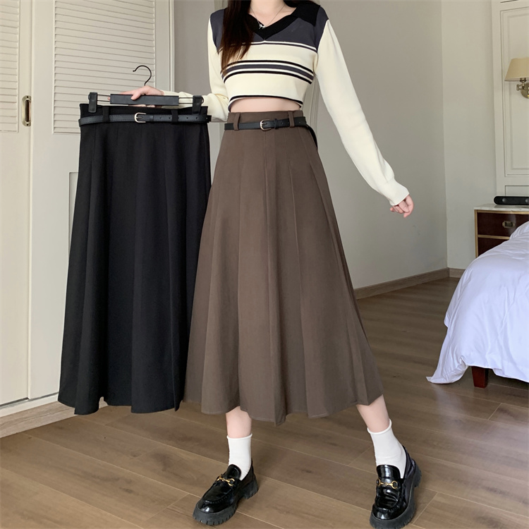 Plus size suit skirt for fat mm women in autumn pleated skirt high waist slimming A-line skirt covering the crotch long skirt