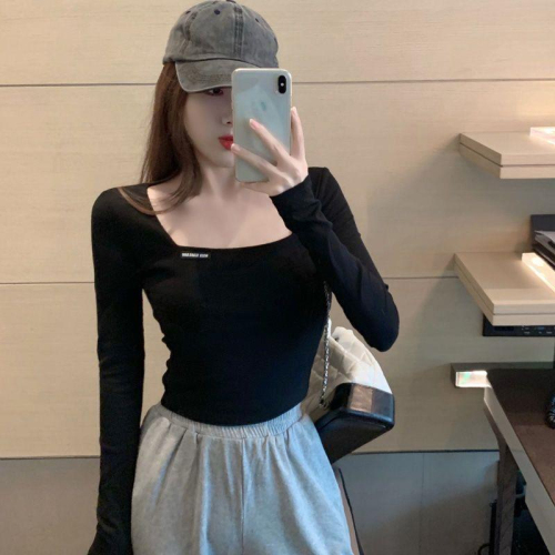 Fashionable and super hot Korean style square collar embroidered long-sleeved T-shirt for women in autumn slim-fitting short navel-baring bottoming shirt slim-fitting top