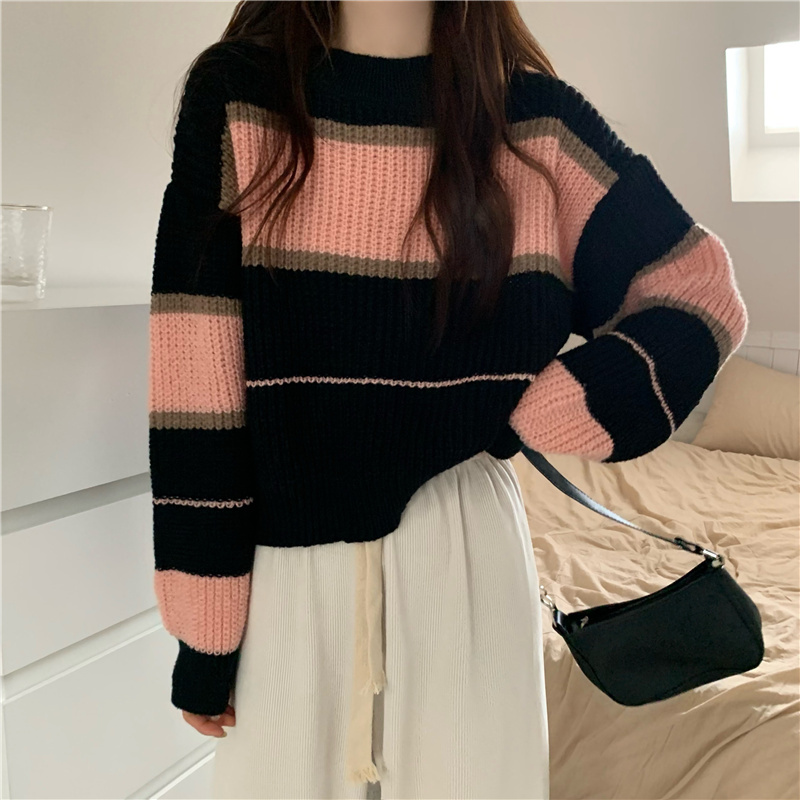 New Korean style autumn and winter lazy, soft, waxy and gentle short sweater for women, contrast striped sweater top for women