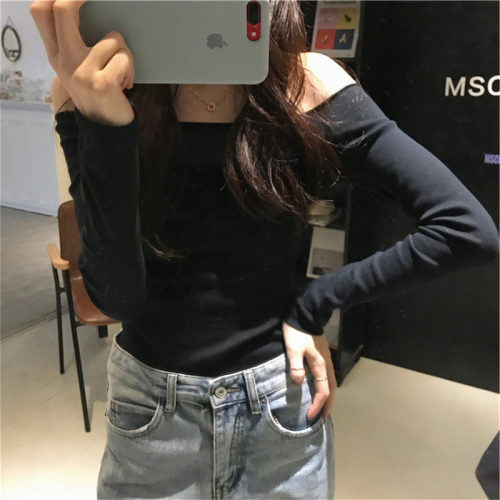 Fashionable super hot threaded one-shoulder top for women in autumn design niche short T-shirt hot girl long-sleeved bottoming shirt