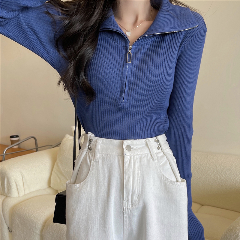 Early autumn new slim and versatile design zipper half-open collar long-sleeved wool sweater top for women