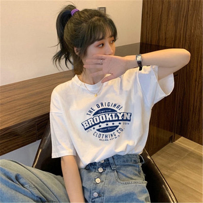 Summer new pure cotton large size loose white letter short-sleeved T-shirt women's simple versatile top ins trend