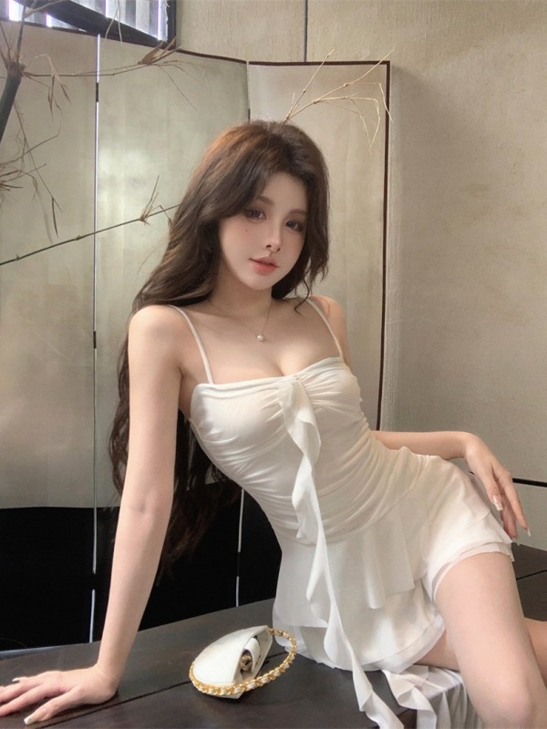 French Pure Desire Super Fairy Ruffled Splicing Suspender Dress Women's Slim Fit Irregular Skirt