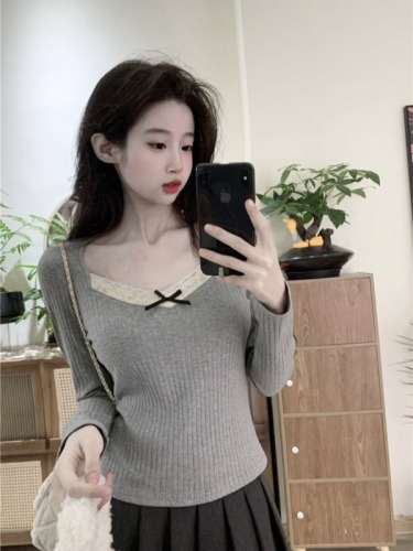 Real shot~Early autumn gray lace splicing bottoming sweater autumn and winter design niche bottoming top