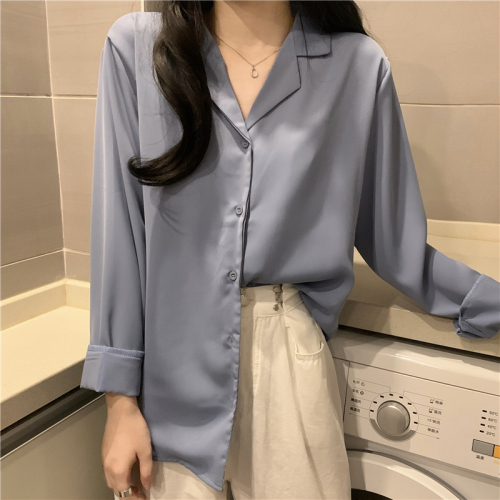 New Korean style V-neck, lazy, gentle, loose, mid-length, versatile long-sleeved shirt for outer wear