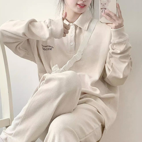 Youthful sportswear suit for women in spring and autumn salt style street style waffle Polo collar thin sweatshirt casual two-piece set