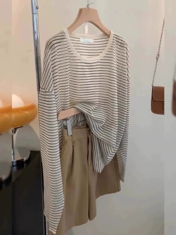 Summer French thin striped ice silk long-sleeved T-shirt with lazy style loose sun protection knitted blouse top