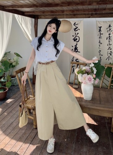 Korean style commuting Polo collar striped small flying sleeves shirt + high waist slit slimming skirt