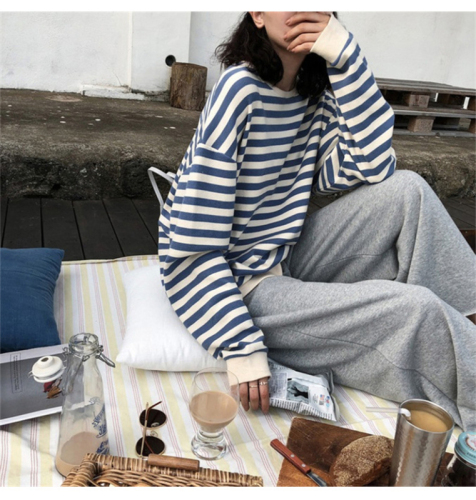 Fish Scale Thin Version Autumn Korean Style Striped Long Sleeve T-Shirt Women's Top Loose Round Neck Sweatshirt Women
