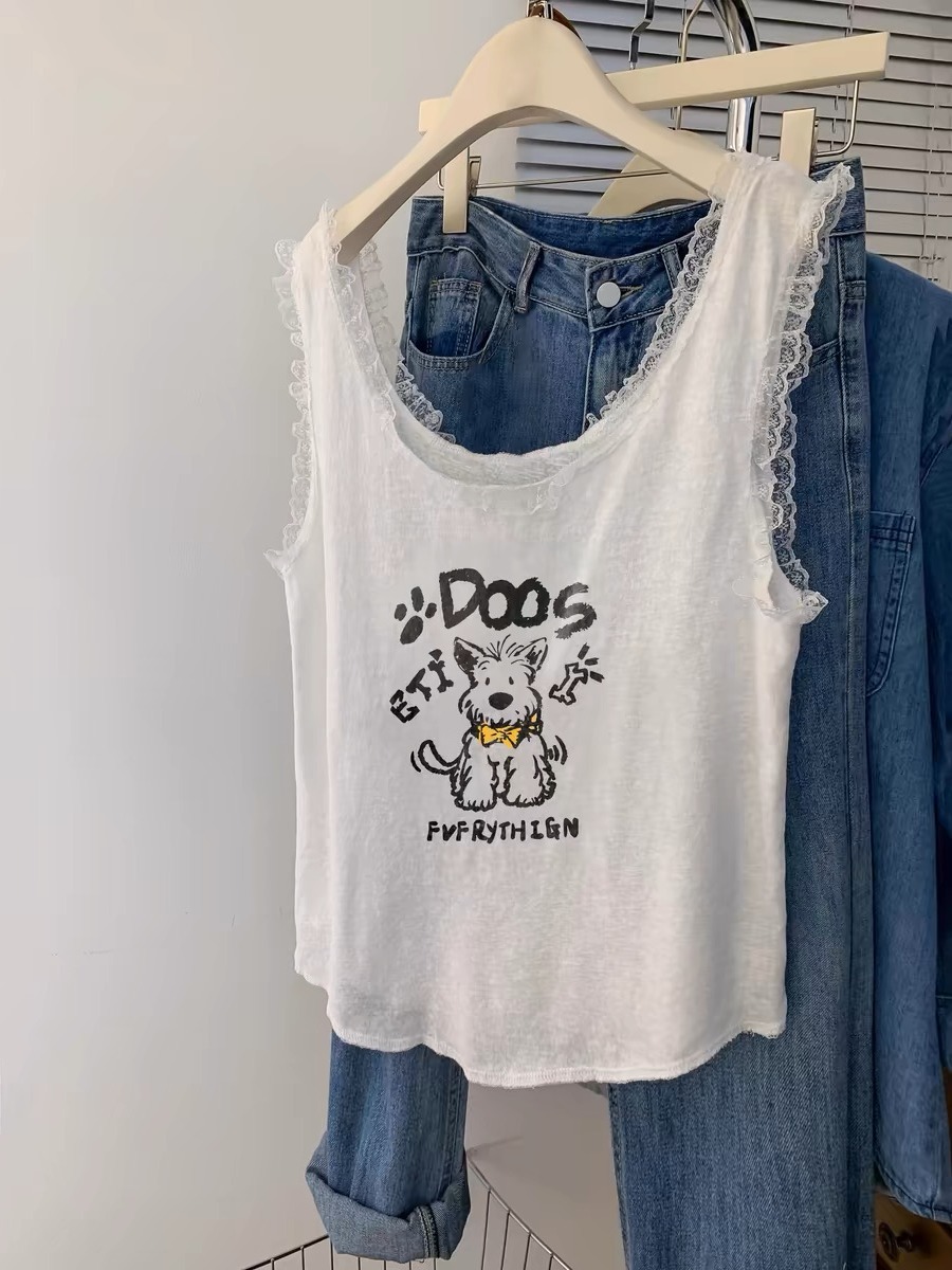 White u-neck puppy lace suspender girl summer hot girl loose sleeveless top wear outside