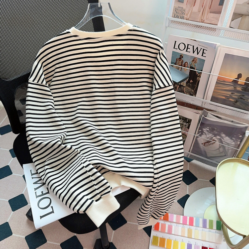 Actual shot of 250g pique striped sweatshirt for women spring and autumn 2024 round neck long sleeve t-shirt tops for women plus size 200 pounds