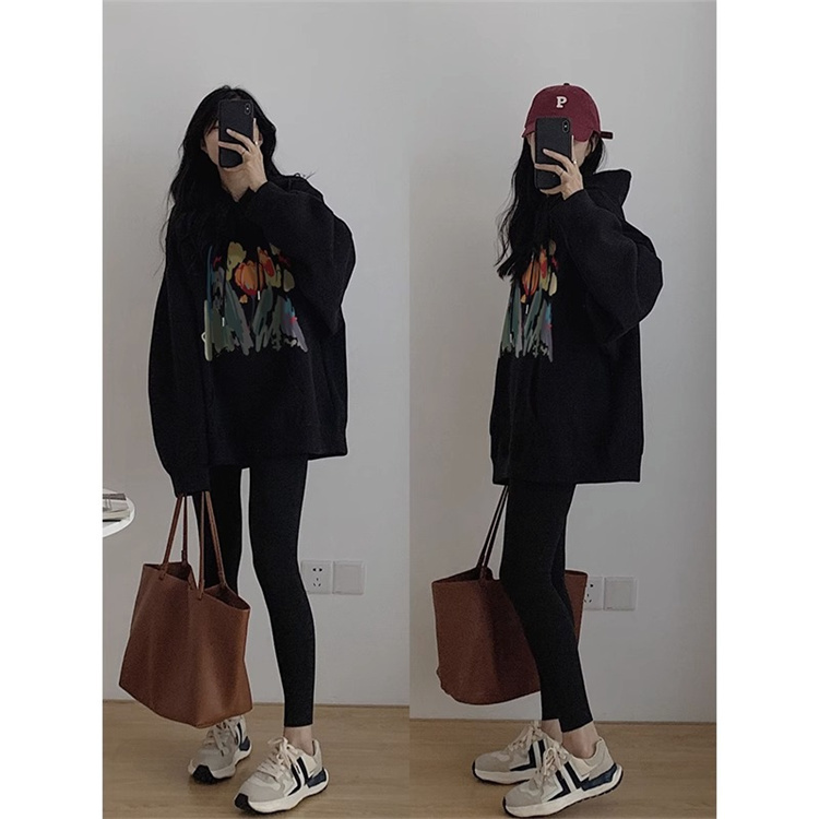 Black hooded sweatshirt outer wear for women new spring and autumn niche loose thin jacket with shark pants