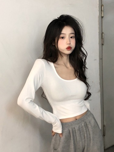 Fashion super hot Korean version of autumn pure lust hottie big U-neck slim slim short long-sleeved T-shirt top women's trendy