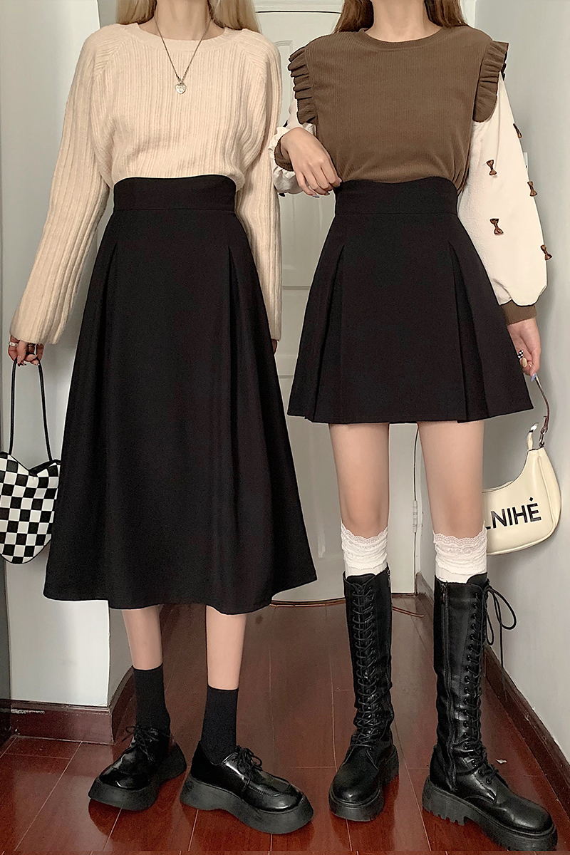 9991 Real shot of 200 pounds fat girl black skirt female A-line short skirt high waist slimming drape mid-length hip skirt
