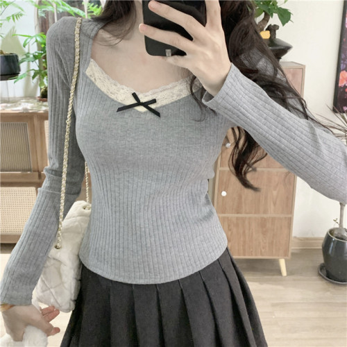 Real shot~Early autumn gray lace splicing bottoming sweater autumn and winter design niche bottoming top