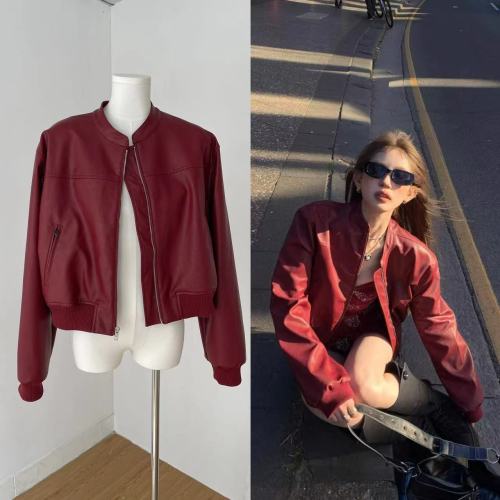 Tongiiuu Houston Street American Retro PU Leather Jacket Women's Loose Slim Motorcycle Jacket Top