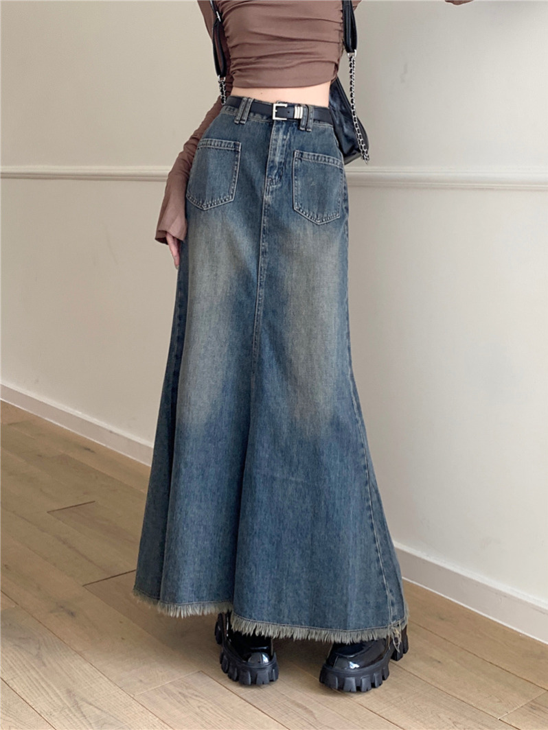 Photographed~ Design-inspired niche fish-tailed skirt with retro worn effect, denim A-line skirt for women